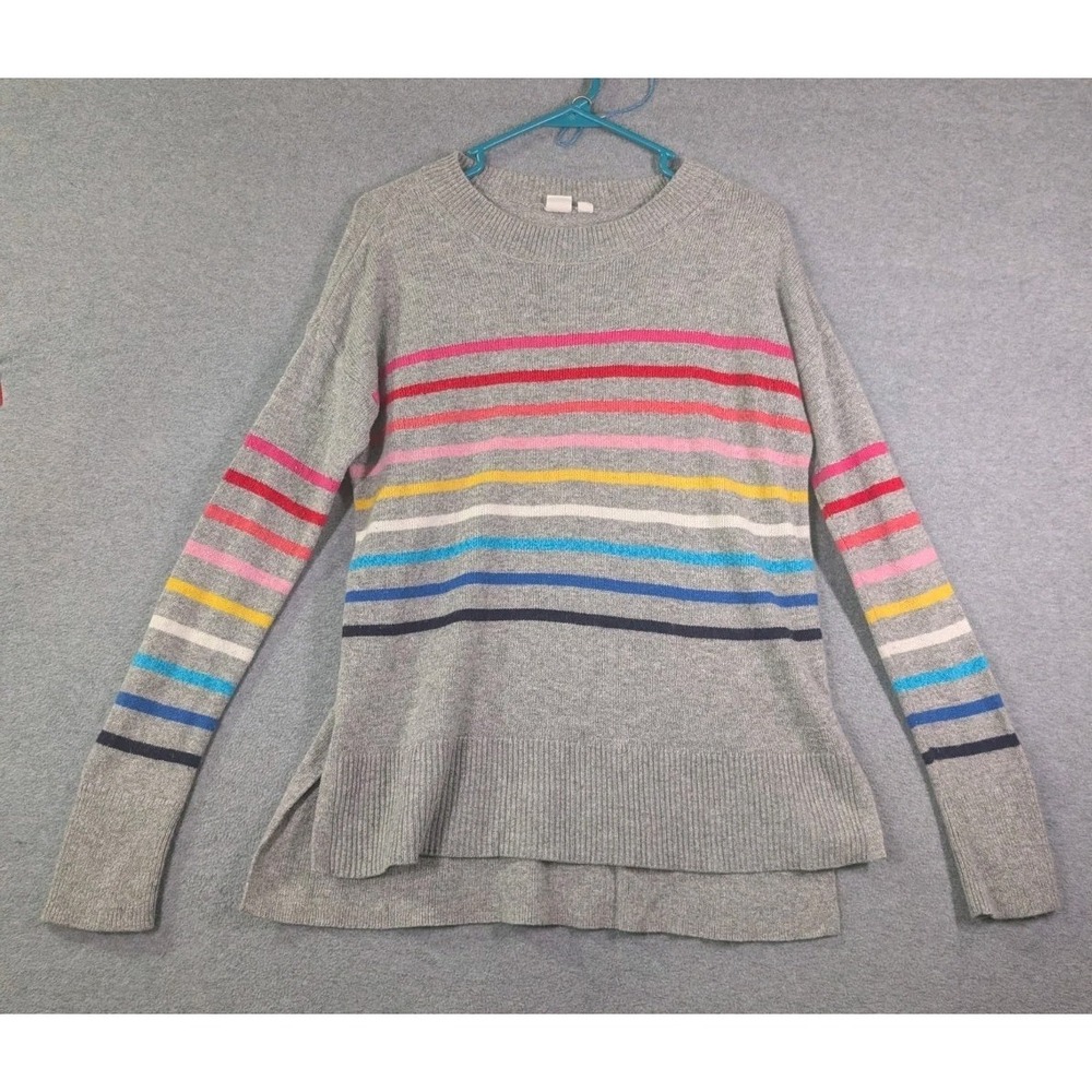 GAP Women's Crazy Stripe Rainbow Wool Blend Sweater Gray Preppy Knit‎ Crew Neck